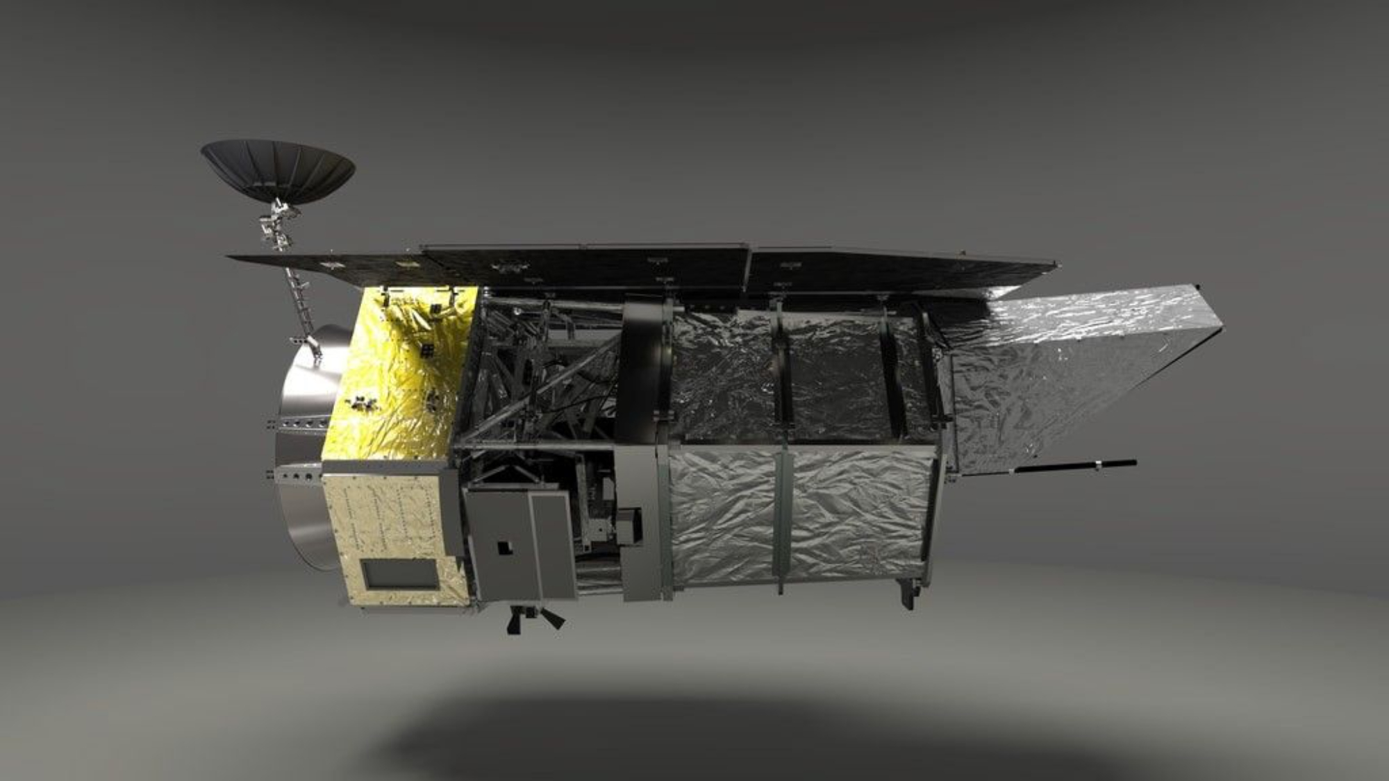 航天图片资料 · A visualization of the Roman Space Telescope facing horizontally onscreen.