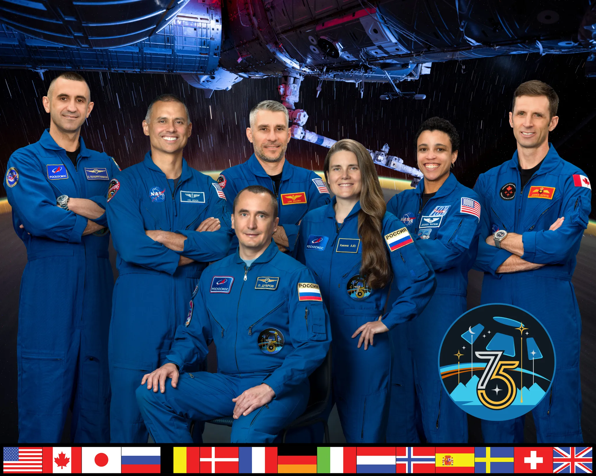 航天图片资料 · The official portrait of the seven‑member Expedition 75 crew that will live and work aboard the International Space Station. From left, are Roscosmos cosmonaut Sergey Teteryatnikov; NASA astronaut Anil Menon; Roscosmos cosmonaut Pyotr Dubrov; NASA astronaut Luke Delaney; Roscosmos cosmonaut Anna Kikina; NASA astronaut Jessica Watkins; and CSA (Canadian Space Agency) astronaut Joshua Kutryk.