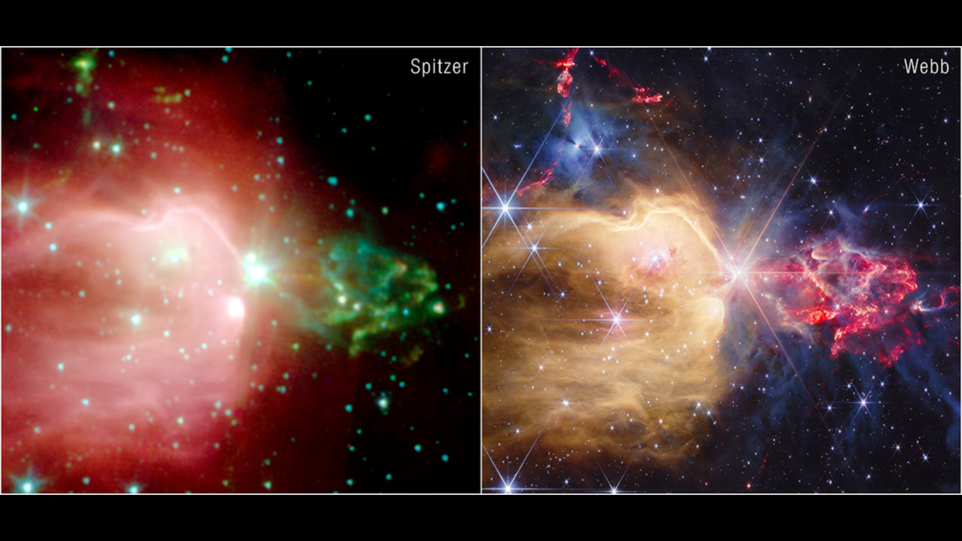航天图片资料 · A comparison image showing Spitzer vs JWST's images of NGC 7129.